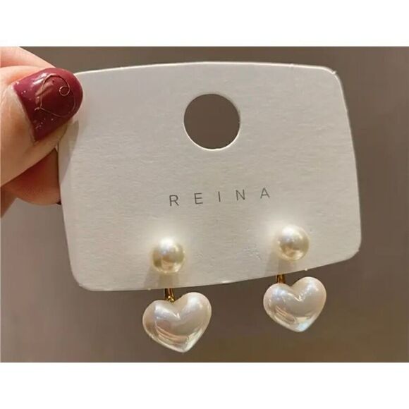 NWT Boho White Heart Shaped Faux Pearl Jacket Stud Earrings - Picture 2 of 6